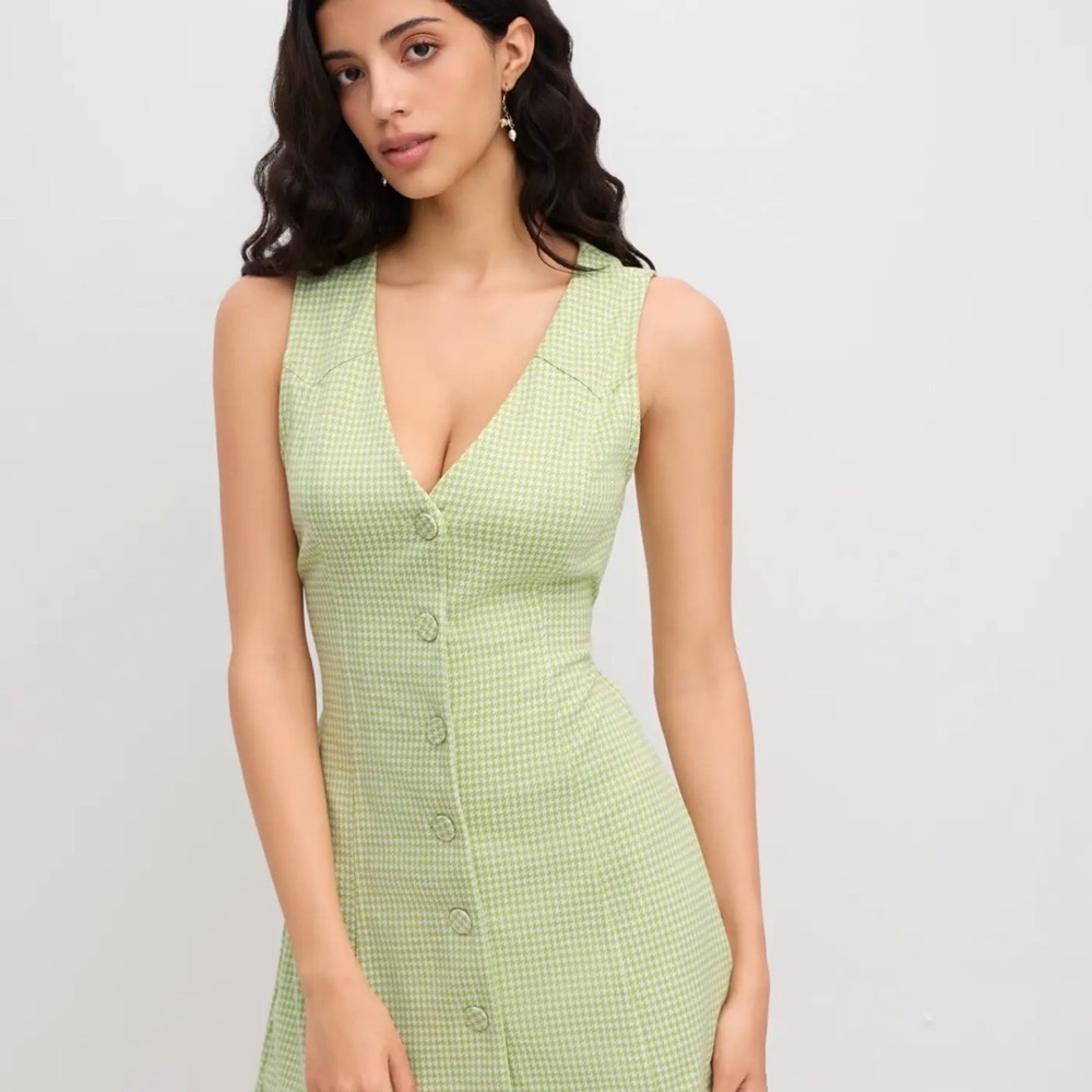 Cider Light Green Houndstooth Button Front Dress